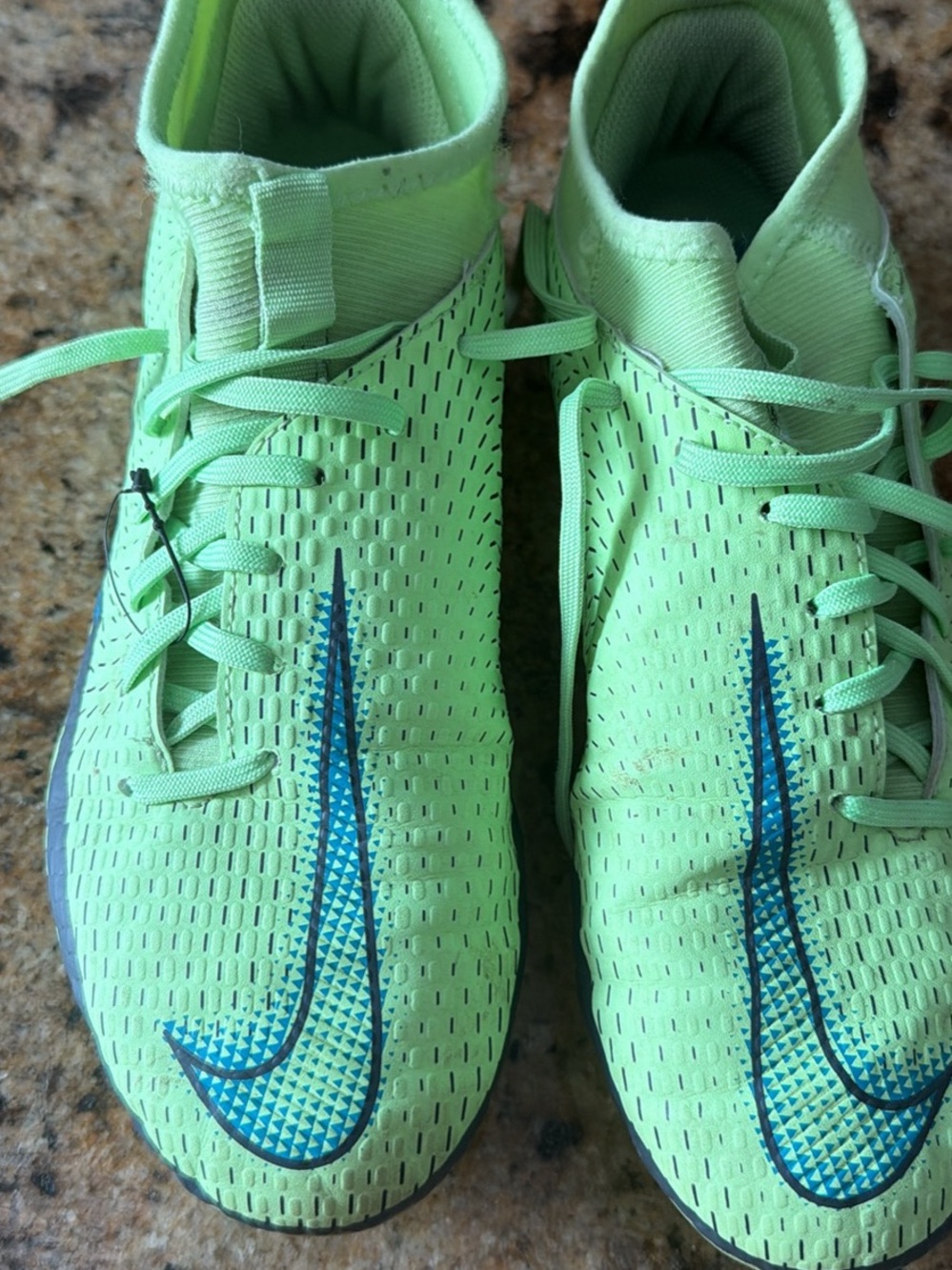 Nike Kids Neon Green Soccer Sneakers with Blue Swoosh